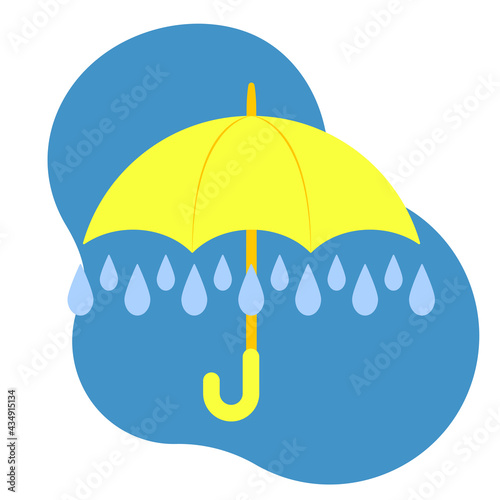 Yellow open umbrella on blue sky. Raindrops in rain. Vector illustration