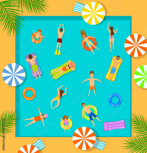 swimming pool top view beach summer time scene with people , men women children swimming, floating on inflatable mattress and rings