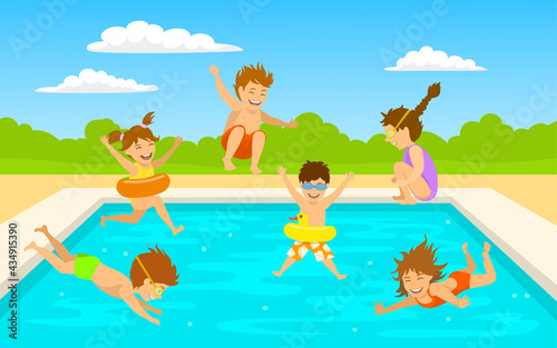 children kids, cute boys and girls swimming diving jumping into pool scene background