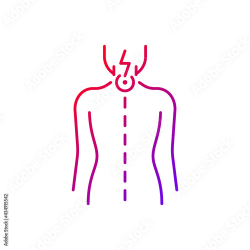 Neck pain gradient linear vector icon. Nerve root compression. Cervical radiculitis. Pressure on spinal nerves. Thin line color symbols. Modern style pictogram. Vector isolated outline drawing