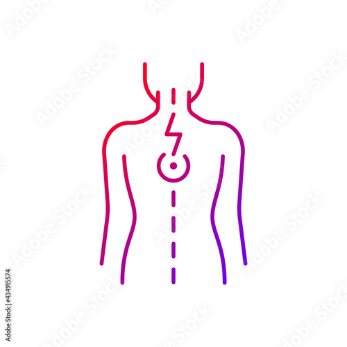 Pressure on spinal nerves gradient linear vector icon. Muscle spasms. Pain between shoulder blades. Numbness. Thin line color symbols. Modern style pictogram. Vector isolated outline drawing