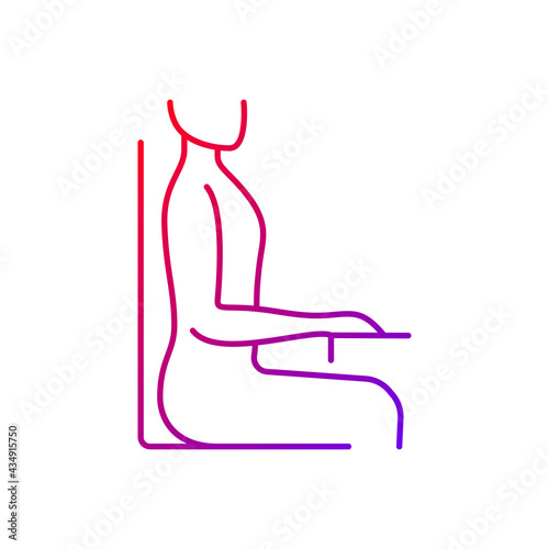 Upright sitting posture gradient linear vector icon. Sitting at desk correctly. Back straight and shoulders back. Thin line color symbols. Modern style pictogram. Vector isolated outline drawing