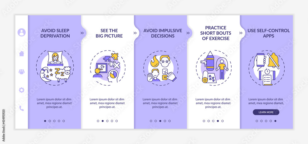 Self regulation boosting tips onboarding vector template. Responsive mobile website with icons. Web page walkthrough 5 step screens. Self control color concept with linear illustrations