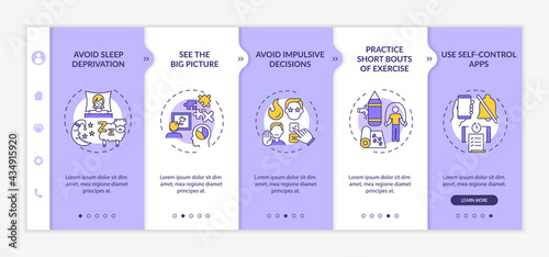Self regulation boosting tips onboarding vector template. Responsive mobile website with icons. Web page walkthrough 5 step screens. Self control color concept with linear illustrations