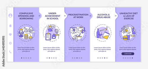 Major self-control issues onboarding vector template. Responsive mobile website with icons. Web page walkthrough 5 step screens. Self management issues color concept with linear illustrations