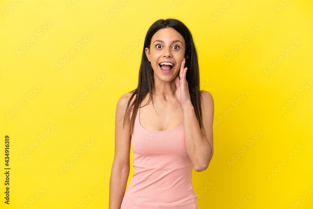 Young caucasian woman isolated on yellow background with surprise and shocked facial expression Young caucasian woman isolated on yellow background with surprise and shocked facial expression
