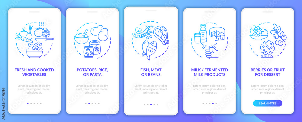 Healthy school eating onboarding mobile app page screen with concepts. Berries for dessert walkthrough 5 steps graphic instructions. UI, UX, GUI vector template with linear color illustrations Healthy school eating onboarding mobile app page screen with concepts. Berries for dessert walkthrough 5 steps graphic instructions. UI, UX, GUI vector template with linear color illustrations