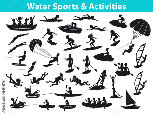 Summer water beach sports, activities silhouette set. People, man, woman, couple, family windsurf, surfing, jet skiing, stand up paddleboard, snorkeling, scuba diving, tubing, riding speed boat