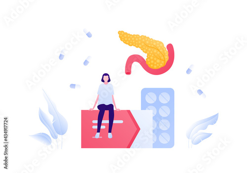 Endocrine system, pancreas disease and diabetes concept. Vector flat healthcare illustration. Female patient sitting on box of pill. Internal organ and medicine symbol. Design for health care.