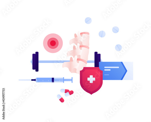 Backache treamtment and sport concept. Vector flat medical illustration. Spine, capsule and pill medicine, syringe and barbell sign. Red circle pain symbol. Design for health care, rehabilitation.