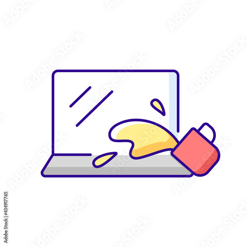 Water damage RGB color icon. Drink spilled on keyboard. Office accident with electronics. Liquid on notebook. Wet laptop. Hardware problem. Tech support, repair service. Isolated vector illustration