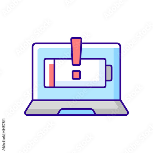 Computer does not charge RGB color icon. Broken notebook battery. Electricity supply issue. Repair service. Laptop problems symptom. Hardware diagnostics. Isolated vector illustration