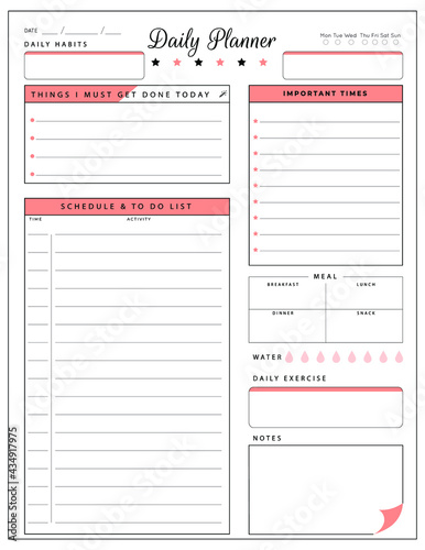 Daily planner template. printable template - Easy to plan your day. Planner note pages templates - Daily tasks, goals and appointments template -Undated Daily Planner with ToDol list - Todays Plan- 8.