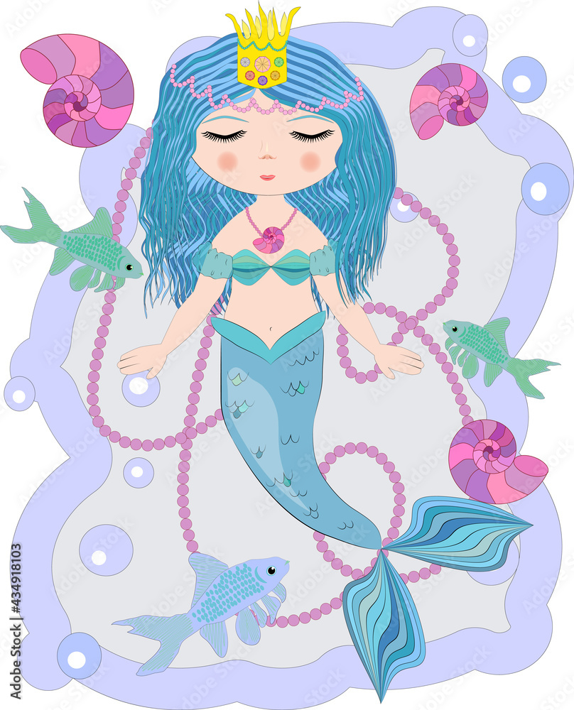 Fototapeta premium Cartoon beautiful little mermaid in a wreath. Siren. Sea theme.