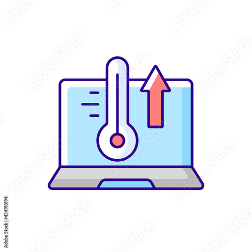 Computer overheating RGB color icon. High processor temperature. Hot notebook, issue with cooling system. Laptop problems. Tech support and repair service. Isolated vector illustration