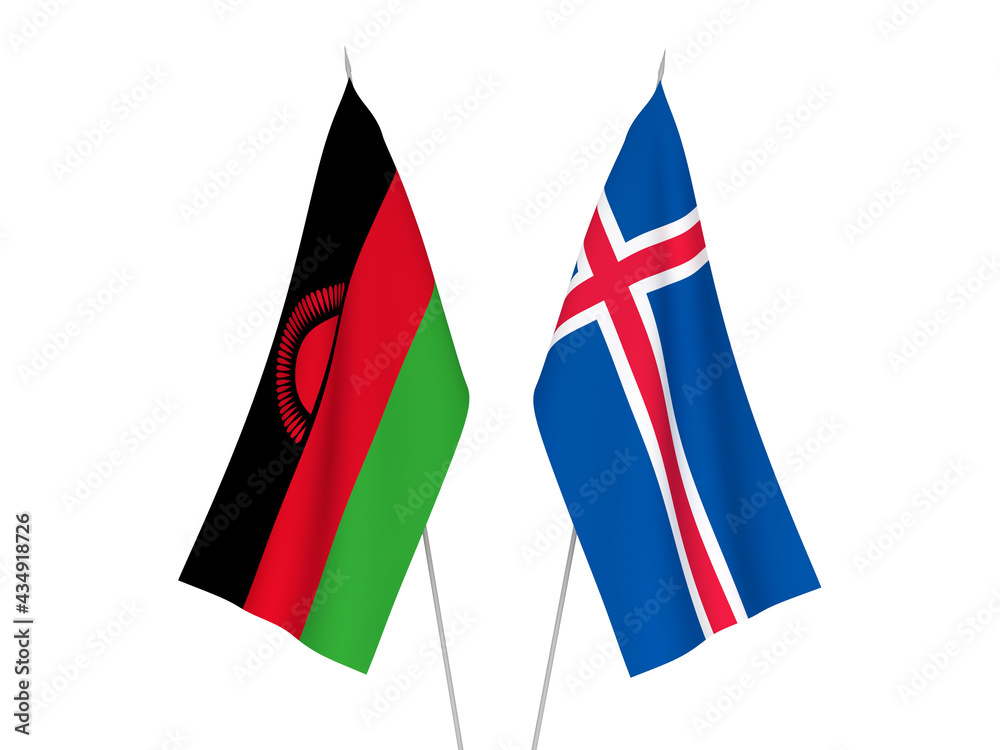 National fabric flags of Iceland and Malawi isolated on white background. 3d rendering illustration.