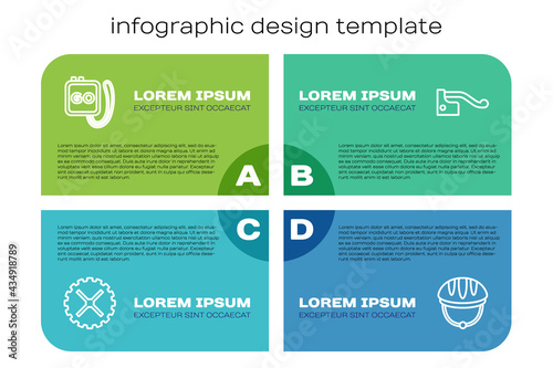 Set line Bicycle sprocket crank, Stopwatch, helmet and brake. Business infographic template. Vector