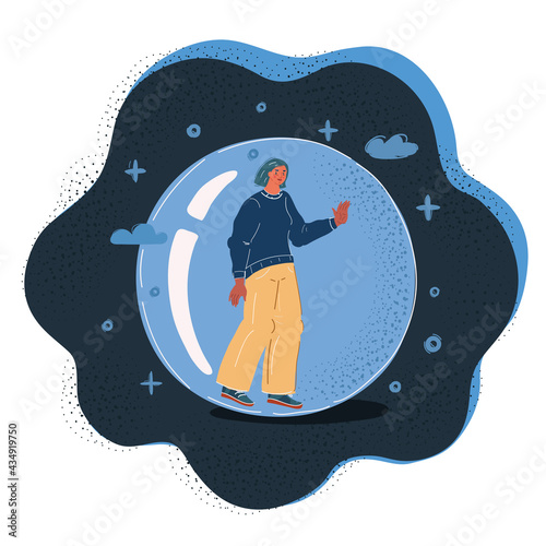 Vector illustration of Woman standing inside a protective glass bubble and isolating herself. Which protects her from external threats. Introversion, immunity, social distance, isolation concept