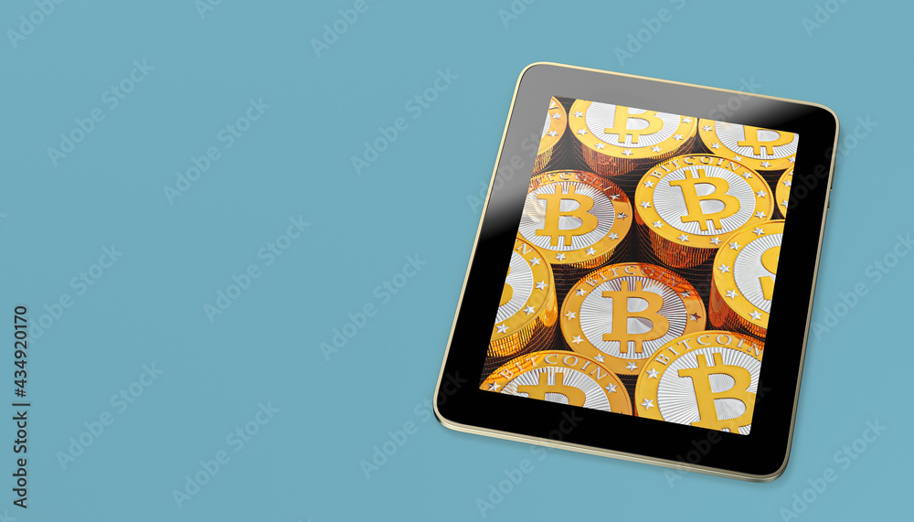 Generic Tablet showing stacks of golden Bitcoins. 3D Rendering Generic Tablet showing stacks of golden Bitcoins. 3D Rendering