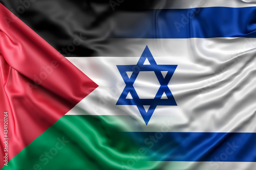 Israel vs Palestine flags. Waving flag design overlap, the flag of Israel and Palestine breaking relationship concept