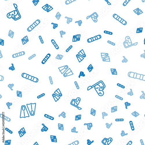 Set line Rubber flippers for swimming, Diving mask and snorkel and Snowboard on seamless pattern. Vector
