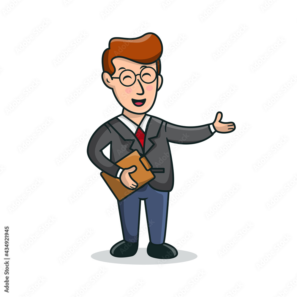 Business man With Smile Face holding document and raising hand Business man With Smile Face holding document and raising hand