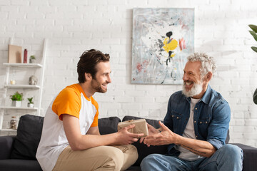 Smiling son holding gift box near father on couch