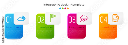 Set line Windy weather, Cone windsock wind vane, Cloud with rain and Weather forecast. Business infographic template. Vector