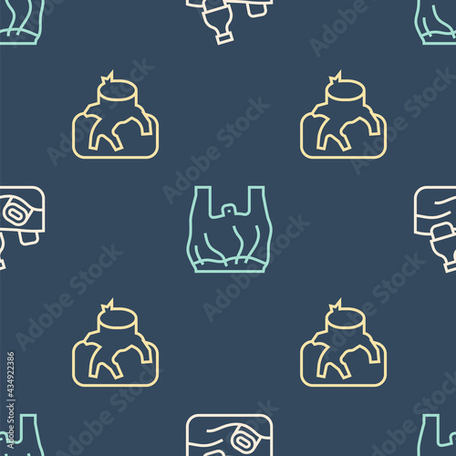 Set line Problem pollution of the ocean, Deforestation and Say no to plastic bags poster on seamless pattern. Vector
