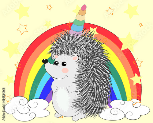 A cute cartoon hedgehog with a unicorn horn on a rainbow. Concept everyone can be a unicorn.