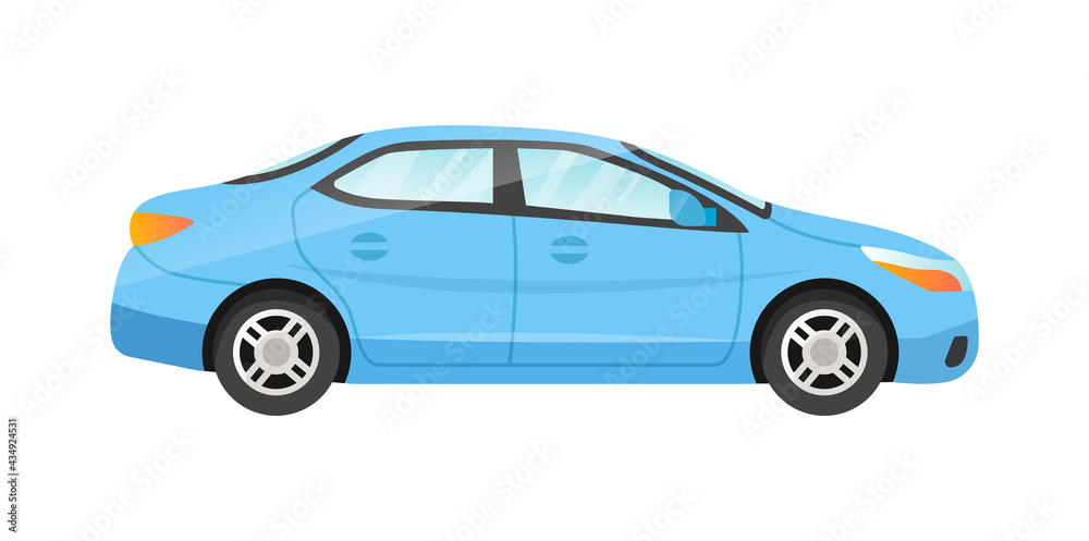 Sticker of blue sedan on white background
