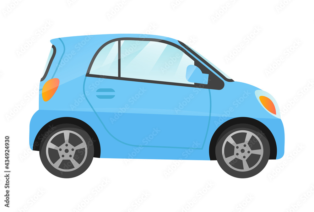 Sticker of small blue city car on white background