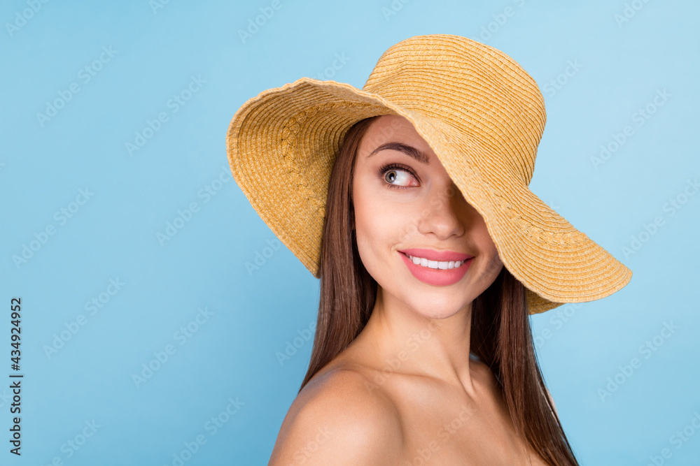 Photo of cool brown hairdo young lady wear hat isolated on blue color background