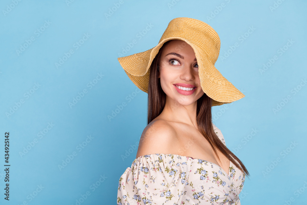 Profile photo of hooray brown hairdo young lady look empty space wear floral dress hat isolated on blue color background