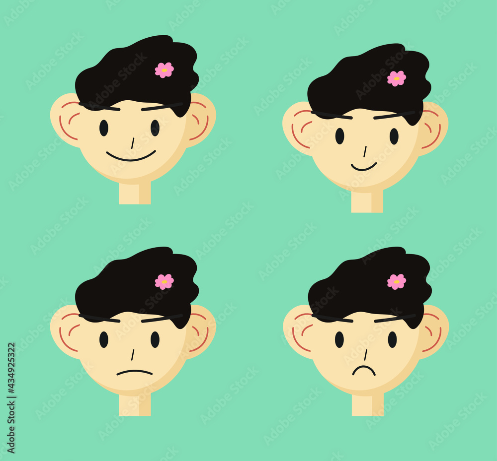 illustration of emotions of a boy with a flower on his head illustration of emotions of a boy with a flower on his head