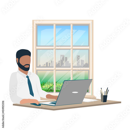 A man works at a laptop by the window. Vector illustration in a flat style.