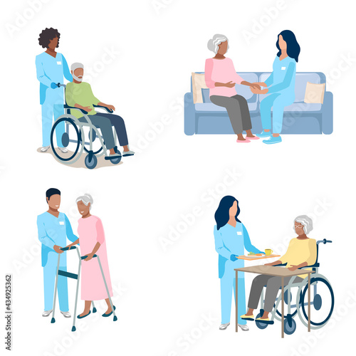 Nurses caring for the elderly set of vector illustrations isolated on a white background.