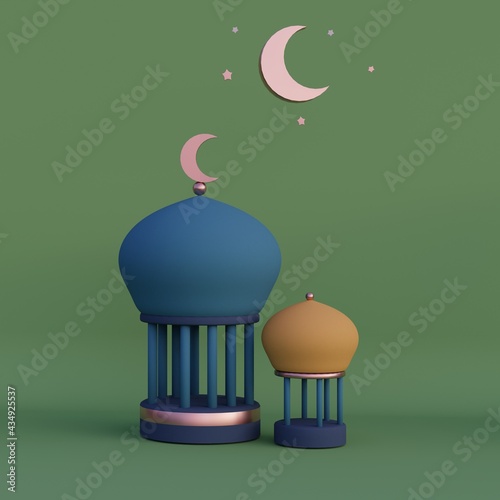 Cartoon style Islamic background with crescent moon,  arabic lantern , ramadan kareem, mawlid, iftar, isra miraj, 3D illustration.