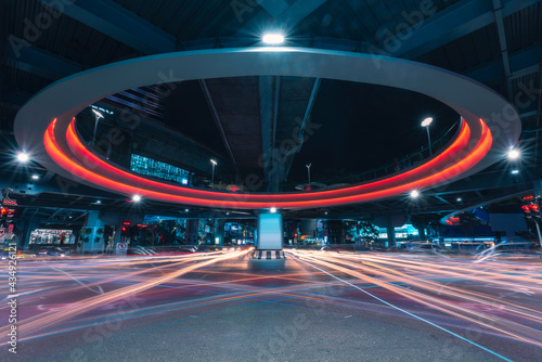 Bangkok traffic under the skywalk bridge in Thailand