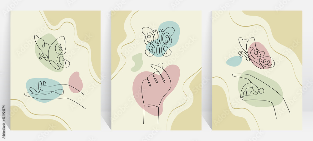 Abstract aesthetic illustration set with butterfly and hand elements, one line drawing in a trendy linear style