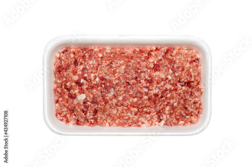 Photos Minced meat in a plastic container top view