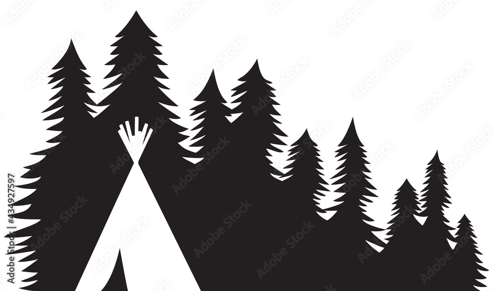 Obraz premium Native American wigwam (indian tepee) and trees or forest landscape