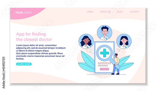 Male character using application to find closest doctor