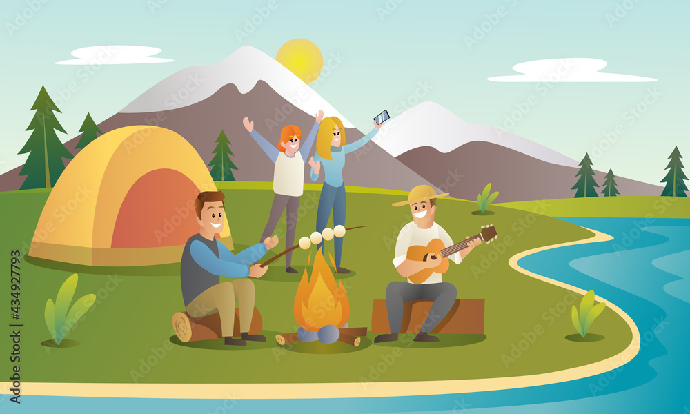 Camp with friends cartoon illustration