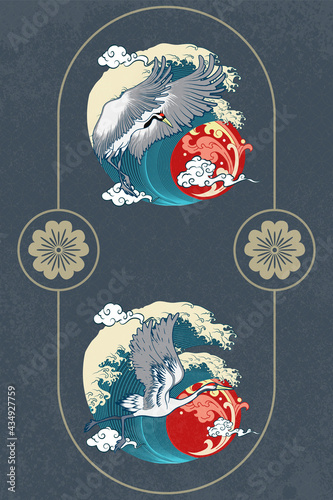 Abstract Art Japanese Badge Style Design with Torrential Japan Wave and Crane Flapping Wings Flying from The Wave with Red Sun and Water Splash Icon Behind on Circle Repeat Pattern Grey Background