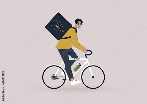 Food delivery service, a young male Asian courier riding a bike