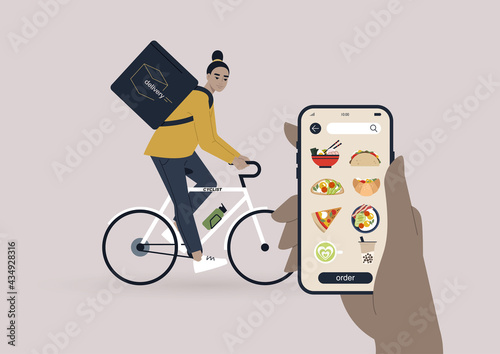 Take away food delivery service, a young female Asian courier riding a bike
