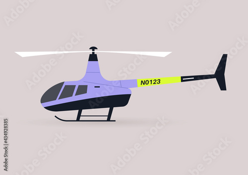 A side view of a helicopter vehicle with bright neon elements, flat vector illustration