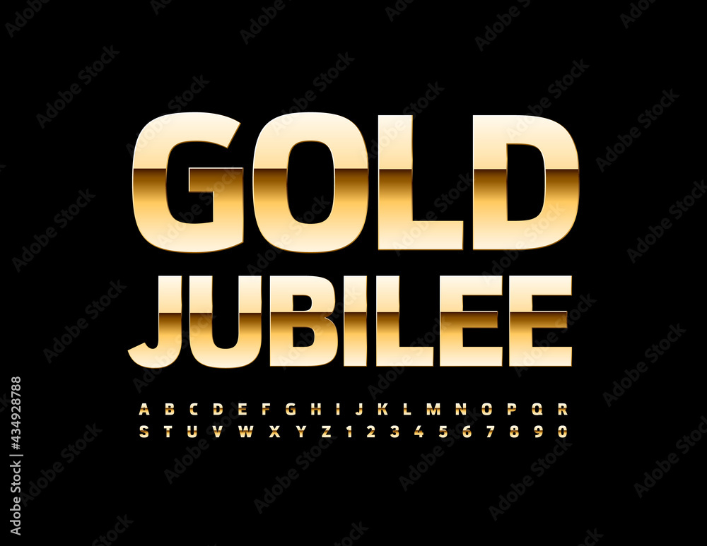 Vector chic Greeting Card with text Gold Jubilee. Modern Stylish Font. Luxury Golden Alphabet Letters and Numbers set