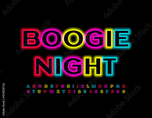 Vector event flyer Boogie Night with colorful Neon Font. Illuminated set of Alphabet Letters and Numbers